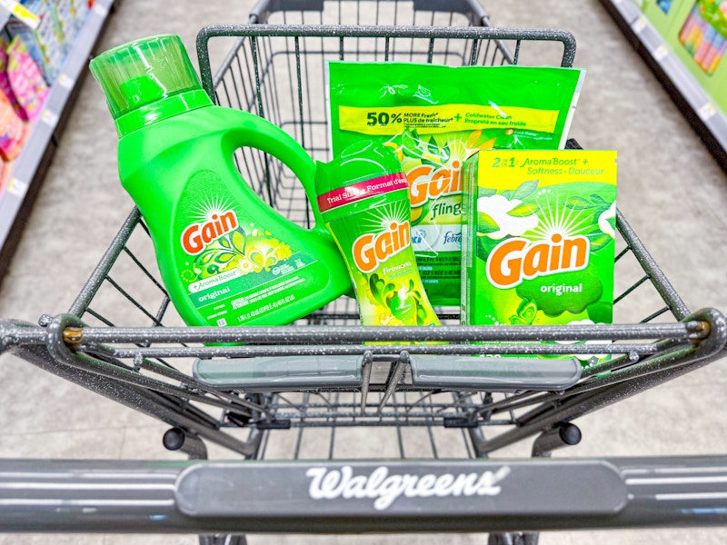 4 gain laundry products in a walgreens cart