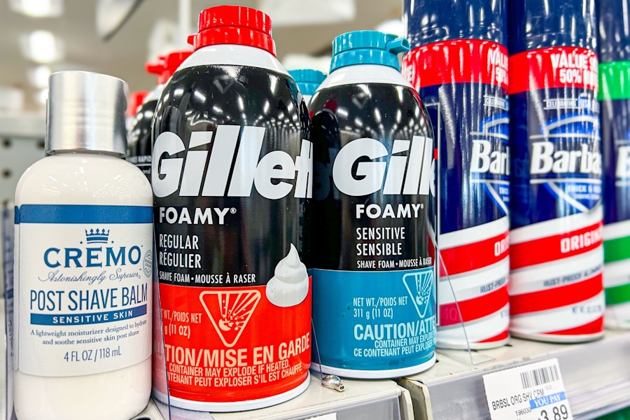 two gillette foamy shave creams on a cvs shelf