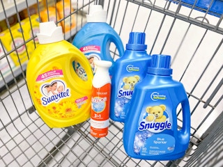shopping cart with Suavitel, Snuggle, and Bounce fabric spray inside