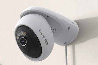Tapo 4K 8MP Wired Pan/Tilt Outdoor Security Camera mounted on an outdoor wall.