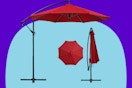 Red patio umbrella on a blue and purple background.