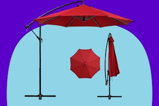 Red patio umbrella on a blue and purple background.