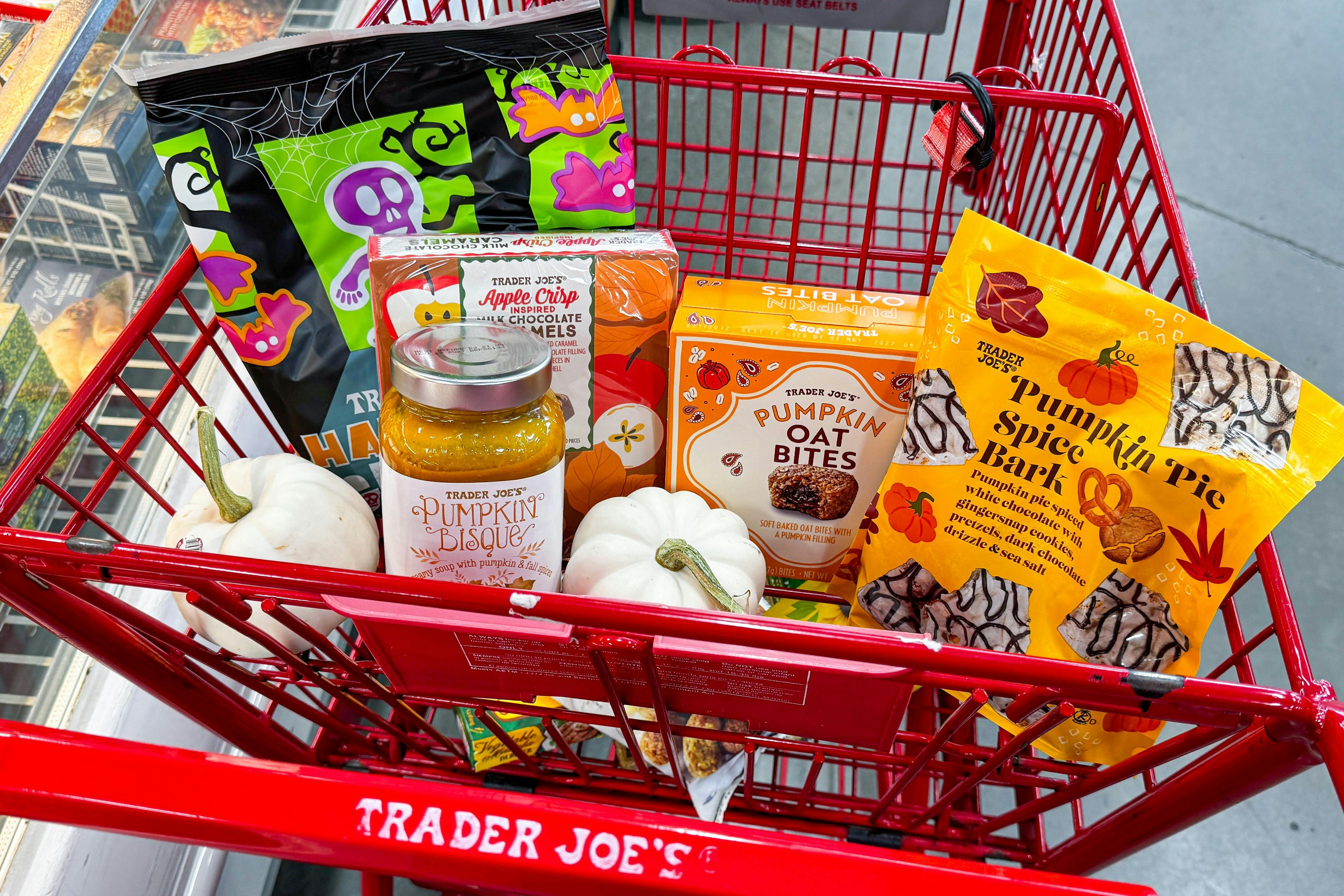 trader joes september groceries in shopping cart