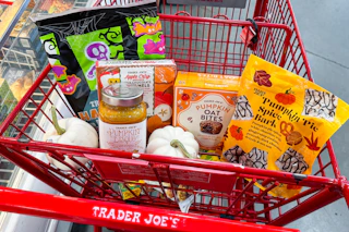 trader joes september groceries in shopping cart