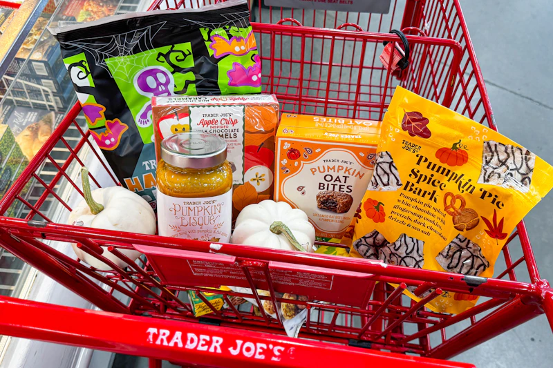 trader joes september groceries in shopping cart