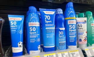 walgreens brand sunscreen on store shelf