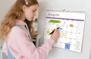 a person writing on a wall calendar