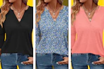 Womens Tops 3/4 Sleeve V Neck