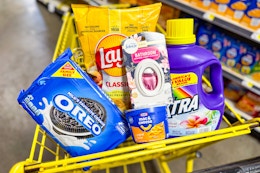 groceries in a yellow shopping cart