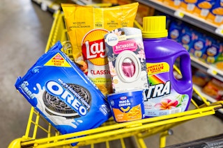 groceries in a yellow shopping cart