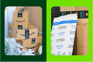 amazon packages on a dark green and light green background