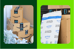 amazon packages on a dark green and light green background