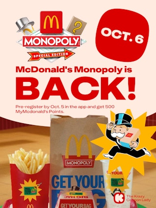 a graphic showing mcdonalds monopoly returns on oct 6