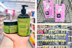 collage with mielle hair products, walgreens beauty tools display, and walgreens razors