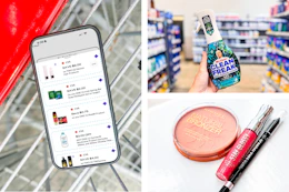 collage with a phone, Mr Clean spray, and Rimmel makeup