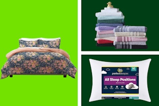 JCPenney home sale comforter, bath towels, and a bed pillow on a light and dark green collage background. 