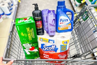 7up soda 12-pack, scott paper towels, tresemme and loreal shampoo, purex detergent in a cart