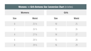 Size chart showing comparison of womens sizes to girl sizes at Gap