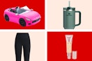 pink Barbie convertible, Stanley tumbler, Loreal concealer, and Time and Tru black leggings