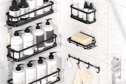 shower shelves on a wall