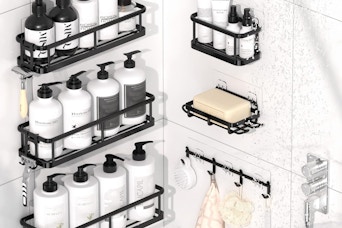 shower shelves on a wall