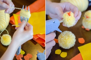 Make pom poms into Easter chicks.