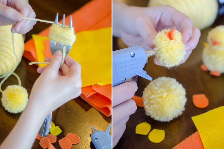 Make pom poms into Easter chicks.