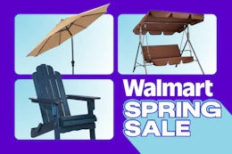 khaki patio umbrella, patio swing, adirondack chair