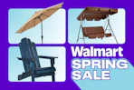 khaki patio umbrella, patio swing, adirondack chair
