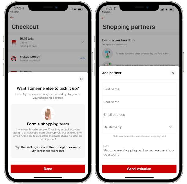 A graphic of two iPhones displaying the Target app's pages for adding an authorized person to pick up an order for you.