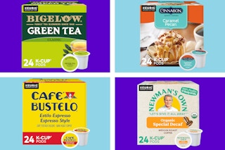 collage with cafe bustelo, bigelow tea, cinnabon, and newman's own pods