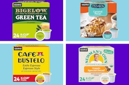 collage with cafe bustelo, bigelow tea, cinnabon, and newman's own pods