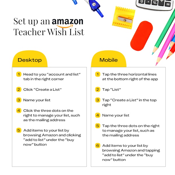 a graphic showing how to create an Amazon wishlist on Desktop and Mobile