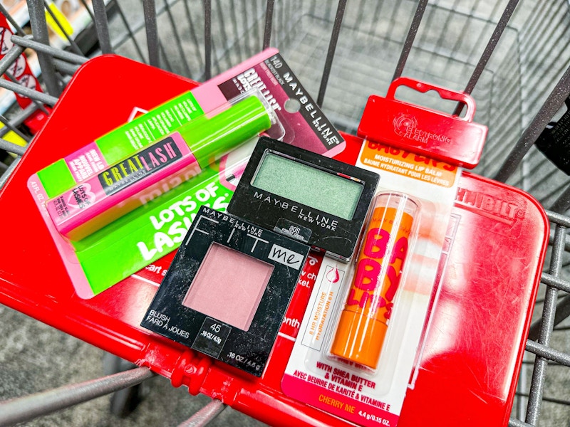 maybelline mascara, eyeshadow, blush, and baby lips in a cart
