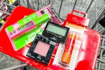 maybelline mascara, blush, eyeshadow, and baby lips in a cart