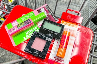 maybelline mascara, blush, eyeshadow, and baby lips in a cart