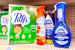 puffs tissues, febreze air freshener, dawn powersuds, and dawn powerwash dish spray on a shelf