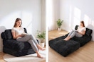 2 lifestyle images of a black Corduroy Sleeper Sofa in 2 positions with woman using it for relaxation