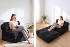 2 lifestyle images of a black Corduroy Sleeper Sofa in 2 positions with woman using it for relaxation