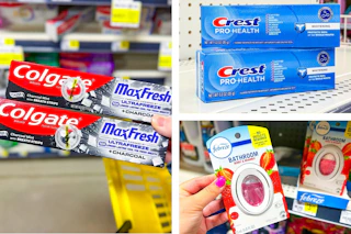 dollar general crest, colgate, febreze 3-photo collage