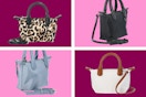 cheetah print, black, light blue, and white mini tote bags