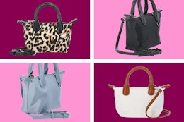cheetah print, black, light blue, and white mini tote bags
