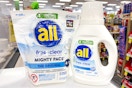 all mighty pacs and liquid detergent on a shelf