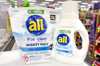 all mighty pacs and liquid detergent on a shelf