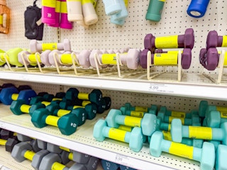 all in motion dumbbells sitting on a target shelf