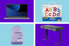 collage image of a laptop, nike backpack, standing desk, and magnetic letters