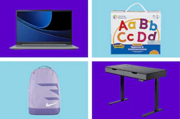 collage image of a laptop, nike backpack, standing desk, and magnetic letters