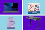 collage image of a laptop, nike backpack, standing desk, and magnetic letters