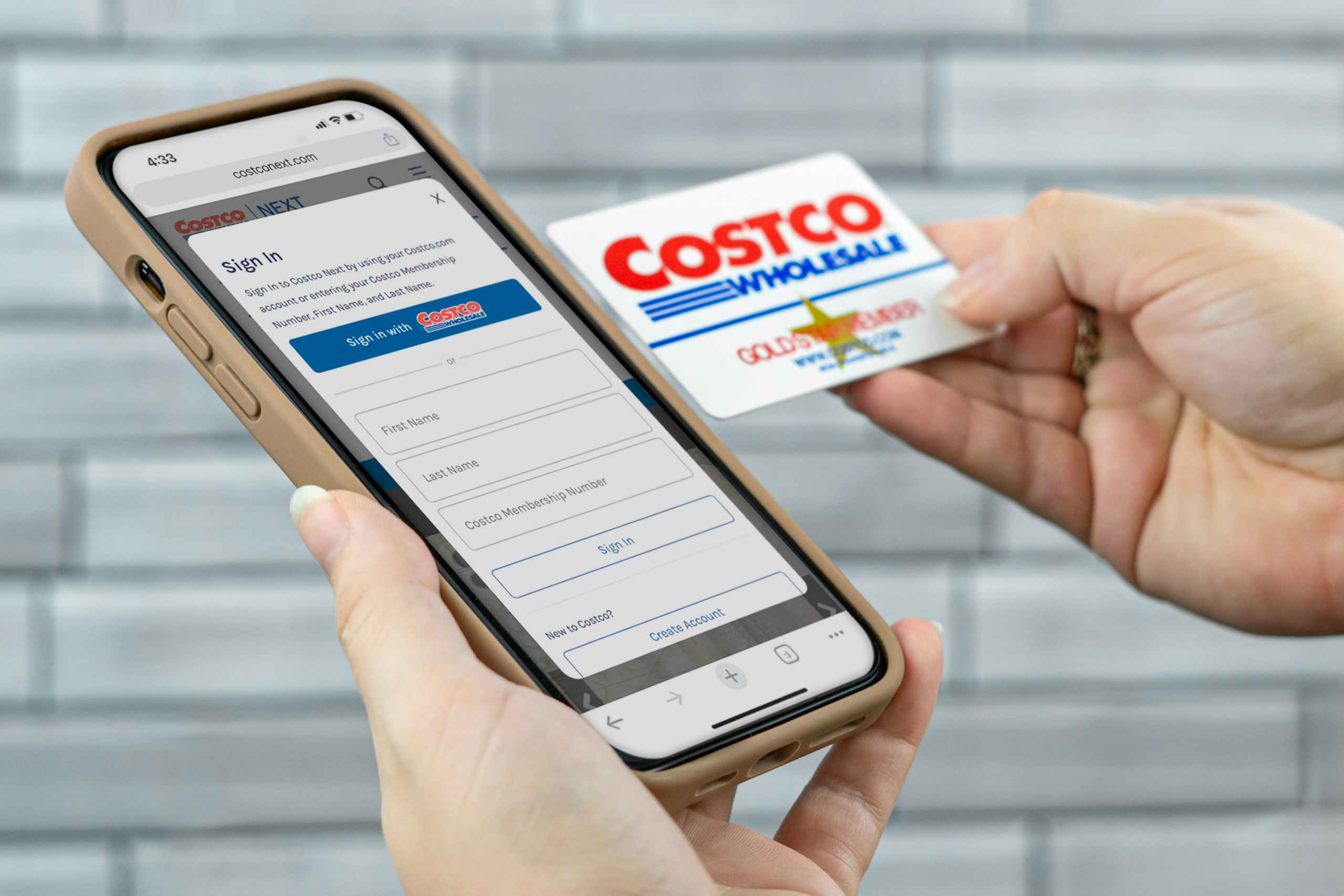 someone holding up their phone and Costco card, signing in to Costco Next