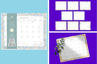 Photos of the 16-month calendar in its wrapper, the eight flower designs used in it and one month with some leaves